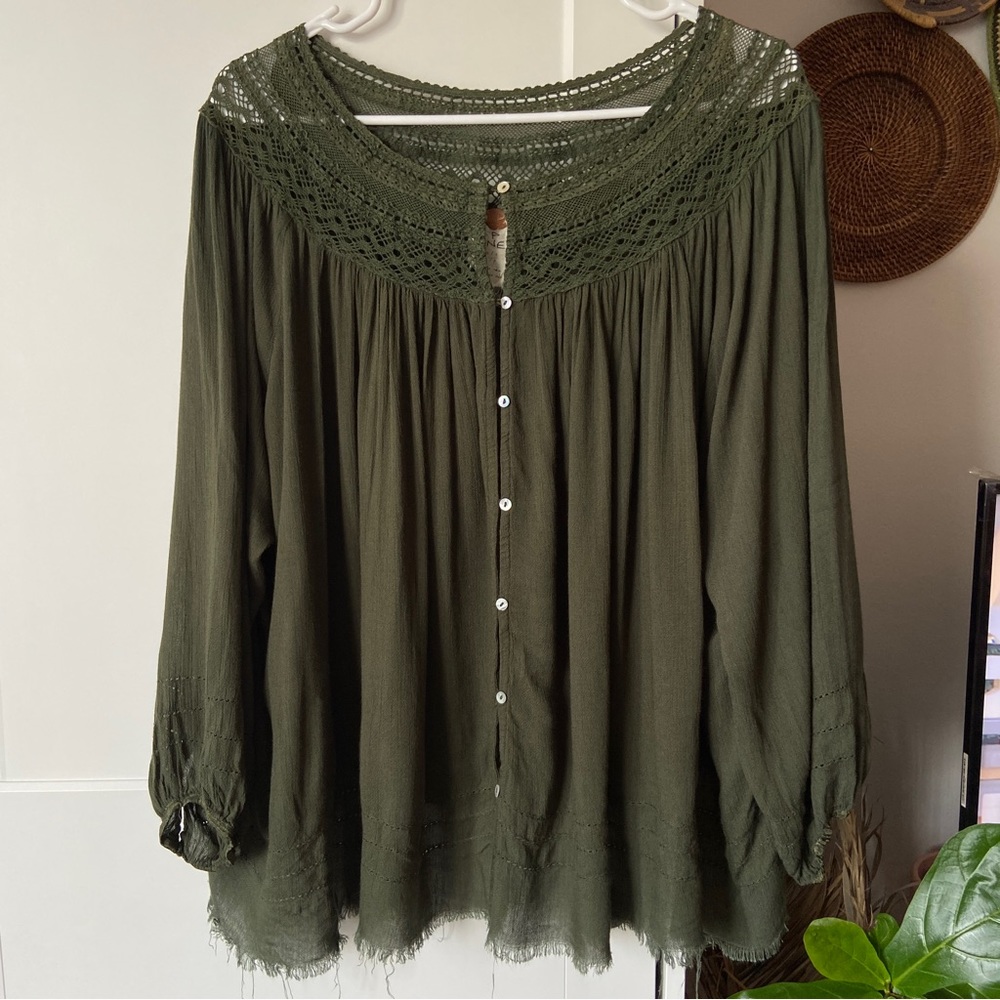 Free People FP One Green Button Down Long Sleeve Boho Blouse - XS/S